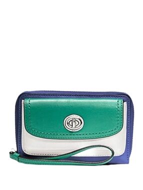 💙 Coach Park Colorblock French Blue Teal Leather Universal Zip Wristlet Wallet